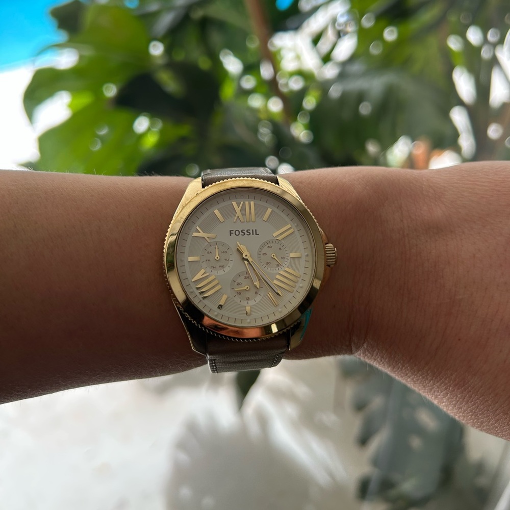 Fossil Grey Leather Watch with Gold Face